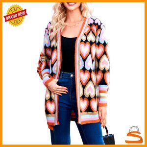 Chunky Knit Cardigan Oversized Open Front Heart Pattern Y2K Chic Sweater
